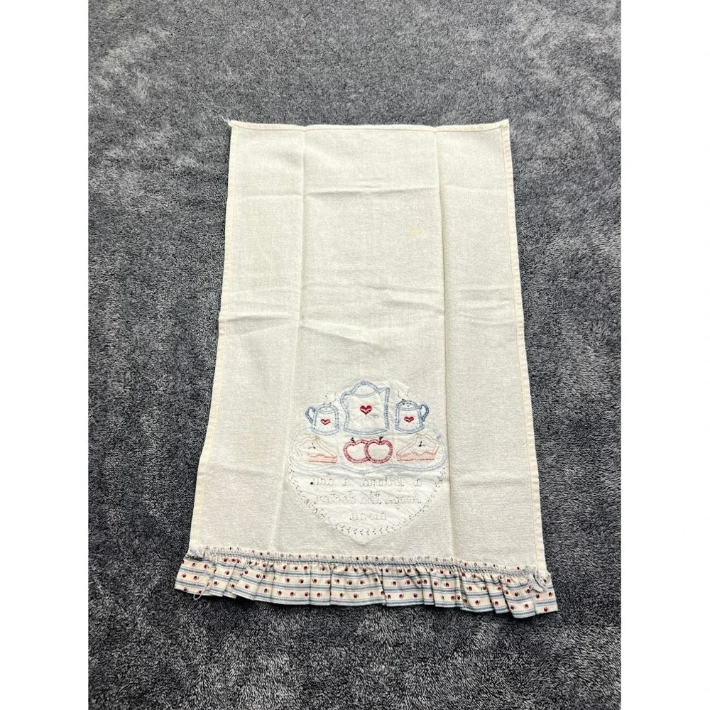 Vintage Valorie Embroidered Tea Time Kitchen Hand Towel Ruffle Hem Cream